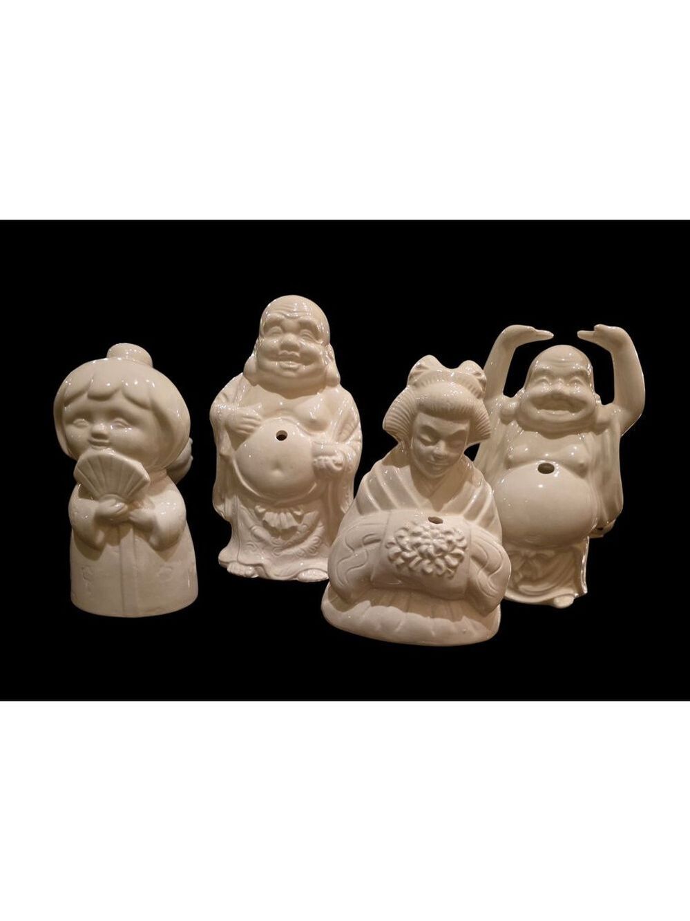 Vintage Benihana White Ceramic Tiki Mug Set. 2 Budda. 1 Geisha 1 Little Girl